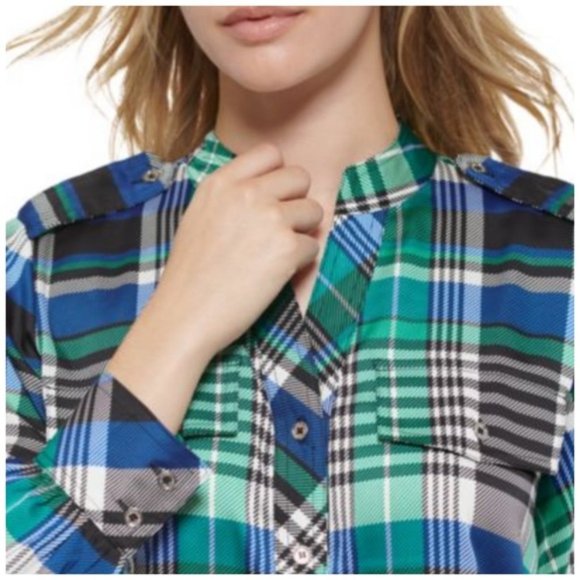 KARL LAGERFELD Paris Blue Multi Plaid Utility Shirt size Medium - Picture 2 of 10